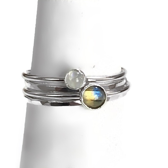 (2-13) 925 Sterling Silver Labradorite & Rainbow Moonstone Stacking Ring Set - Picture 3 of 9